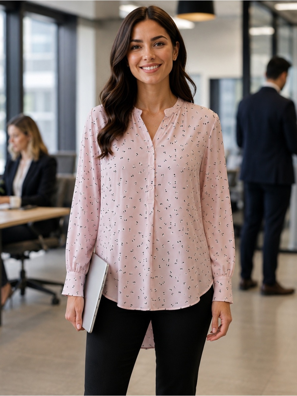Ann Taylor Pink Printed Popover Blouse Small Business Casual Long Sleeve Career